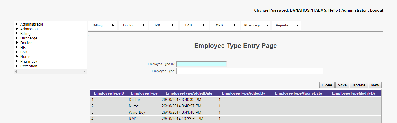 DVNA Hospital Management Software Employee Type Entry Page